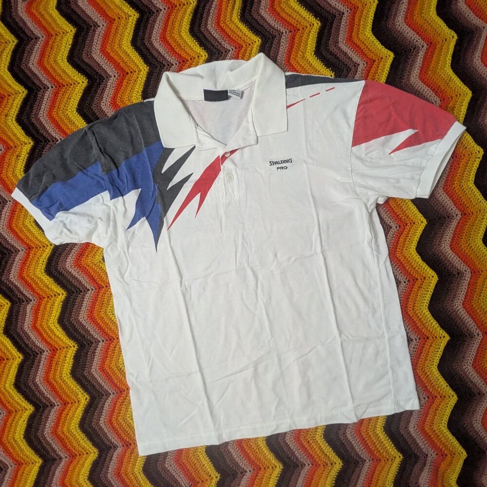 LARGE men's Vintage Spalding Pro Polo Shirt Tennis Sharktooth 90s Abstract H196